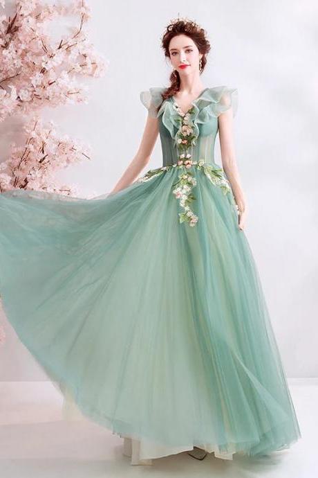 Elegant Tulle Floral Embroidered Maxi Dress With Ruffles