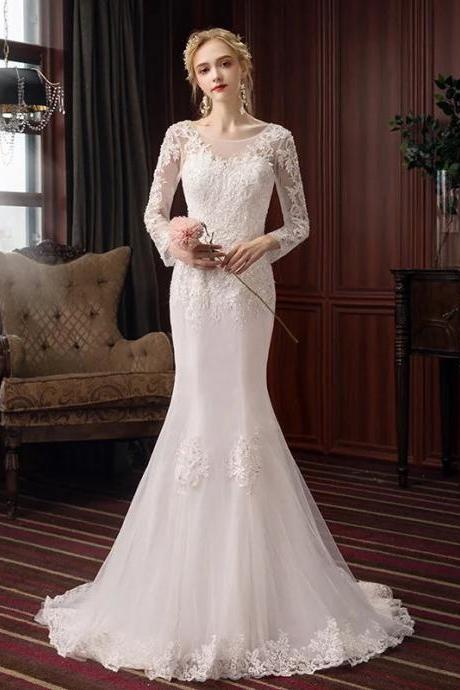 Elegant Long-sleeve Lace Mermaid Bridal Wedding Gown