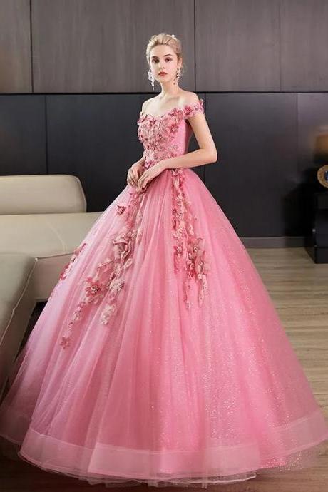 Elegant Off-shoulder Pink Floral Embroidered Ball Gown