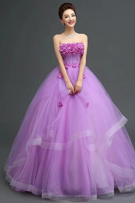 Elegant Strapless Purple Tulle Ball Gown Wedding Dress