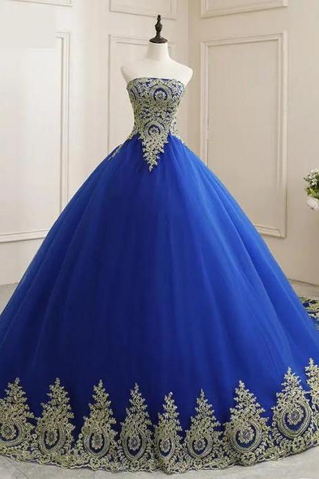 Royal Blue Embroidered Ball Gown With Luxurious Train