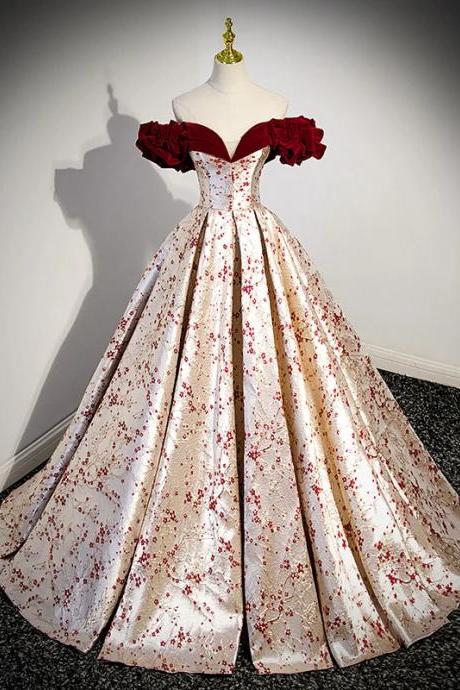 Elegant Off-shoulder Floral Ball Gown With Train