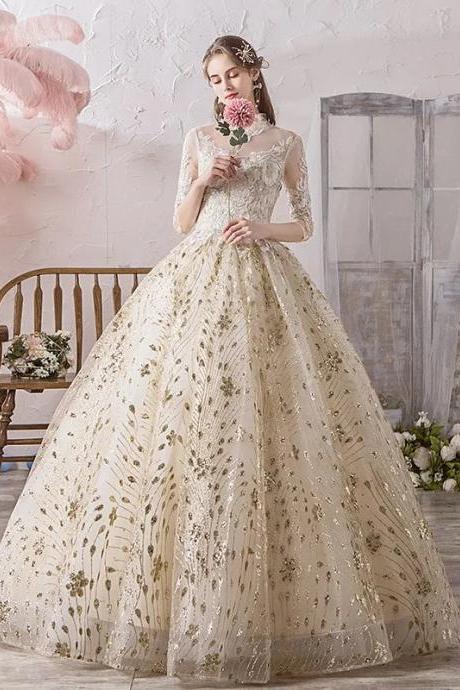 Elegant Long-sleeve Floral Embroidered Bridal Ball Gown