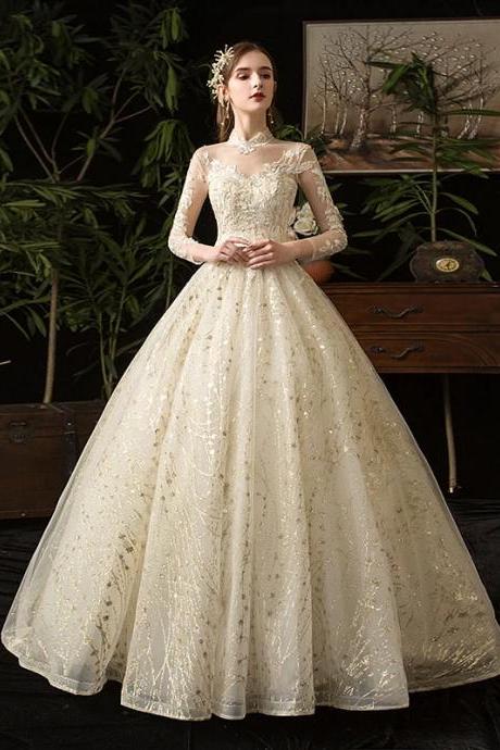 Elegant Long-sleeve Lace Bridal Ball Gown Dress