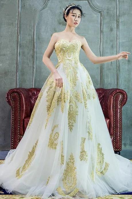Elegant Strapless Gold Embroidered Tulle Bridal Gown