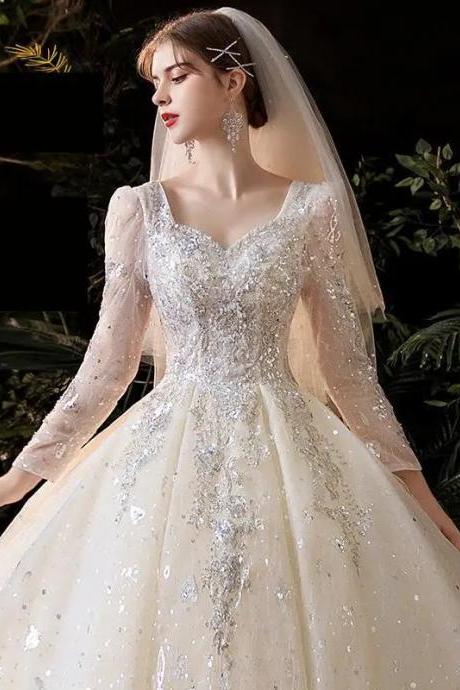 Elegant Long-sleeve Beaded V-neck Bridal Wedding Gown