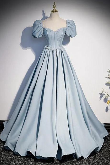 Elegant A-line Puff Sleeve Satin Evening Gown Dress