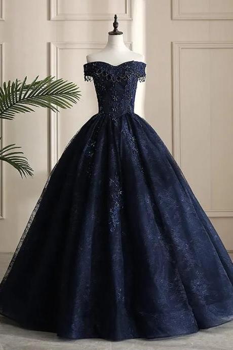 Elegant Off-shoulder Navy Blue Lace Ball Gown