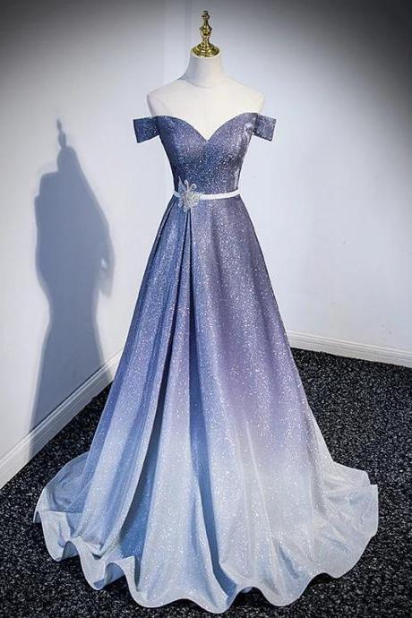 Elegant Off-shoulder Sparkly Blue Evening Gown Dress
