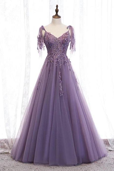 Elegant Purple Tulle Evening Gown With Beaded Accents