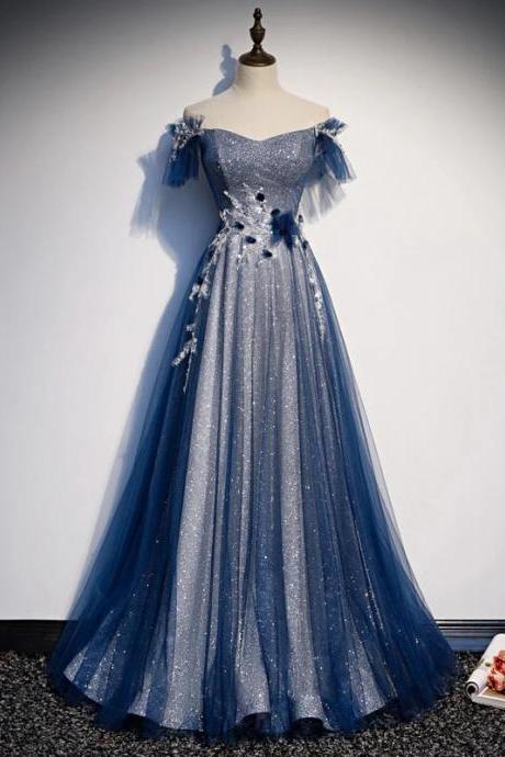 Elegant Off-shoulder Sparkling Blue Tulle Evening Gown