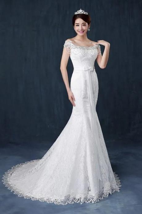 Elegant Off-shoulder Lace Mermaid Bridal Gown With Tiara
