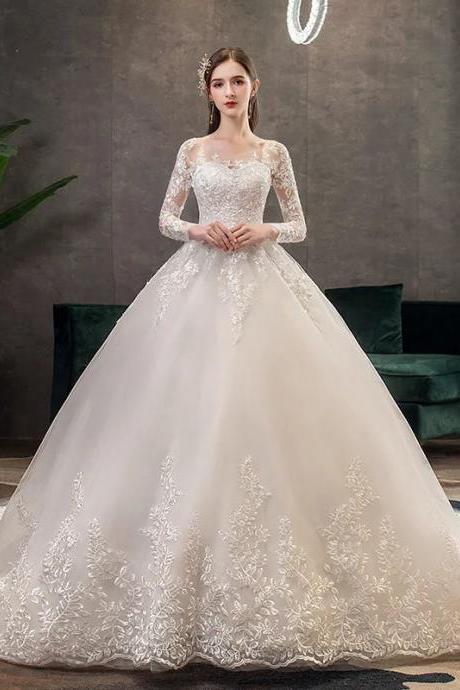 Elegant Long-sleeved Lace Bridal Gown With Train