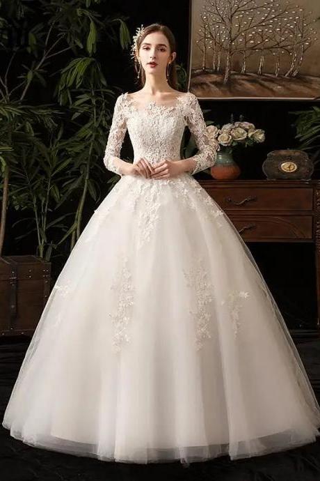 Elegant Long-sleeve Lace Applique Bridal Gown Wedding