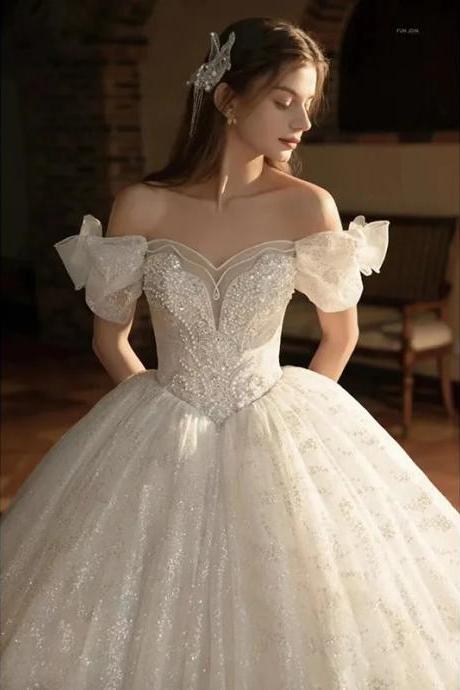 Elegant Off-shoulder Sparkling Bridal Ball Gown Wedding Dress