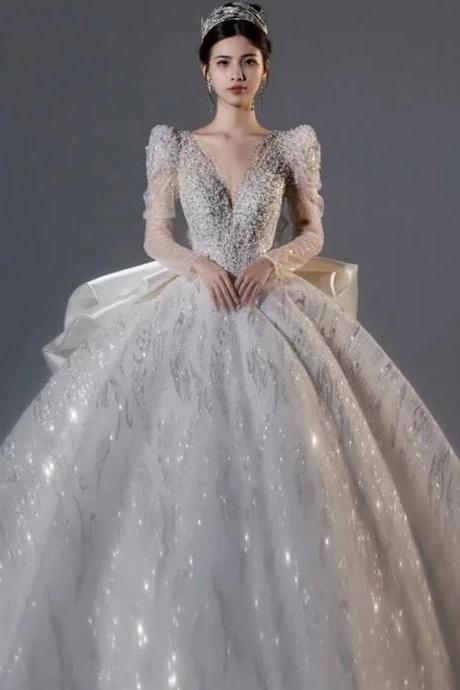 Elegant Long-sleeve V-neck Sequin Bridal Ballgown