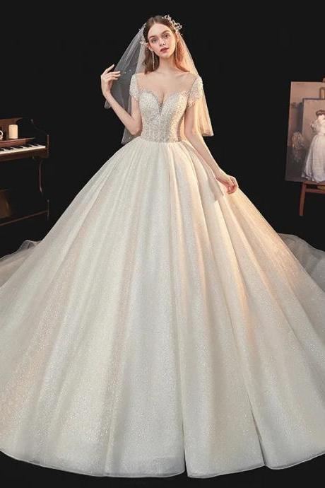 Elegant Off-shoulder Sparkling Tulle Bridal Wedding Gown