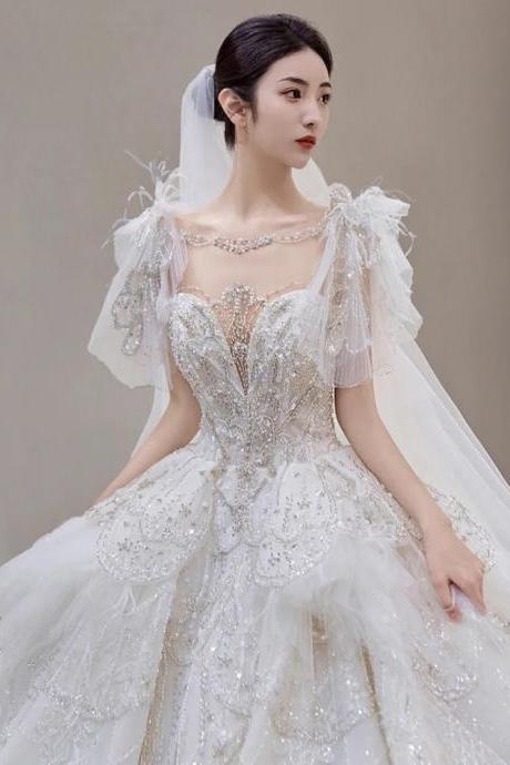 Luxury Beaded Lace Ball Gown Wedding Dress With Veil