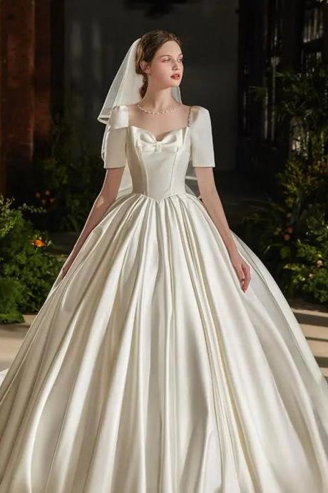 Elegant Satin Square Neckline Puff Sleeve Bridal Gown