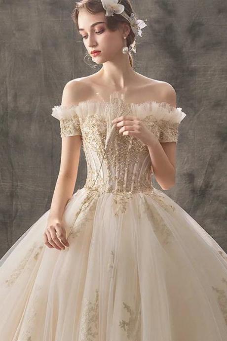 Elegant Off-shoulder Tulle Bridal Gown With Floral Embroidery