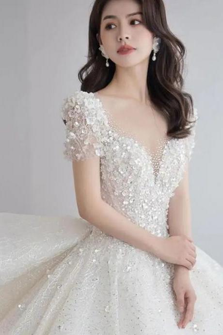 Elegant Sequined V-neck Wedding Gown With Short Sleeves