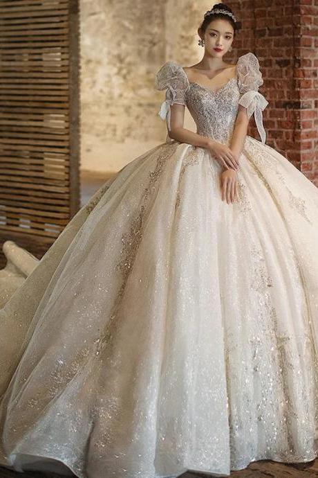 Luxurious Off-shoulder Sparkling Bridal Ball Gown Wedding Dress