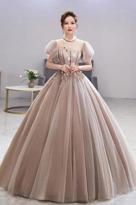 Elegant Tulle Puff Sleeve Embellished Evening Ball Gown
