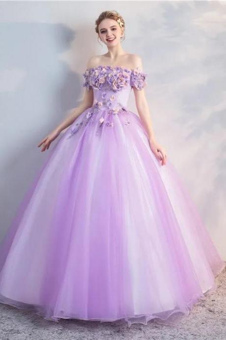 Elegant Off-shoulder Purple Tulle Ball Gown With Appliques