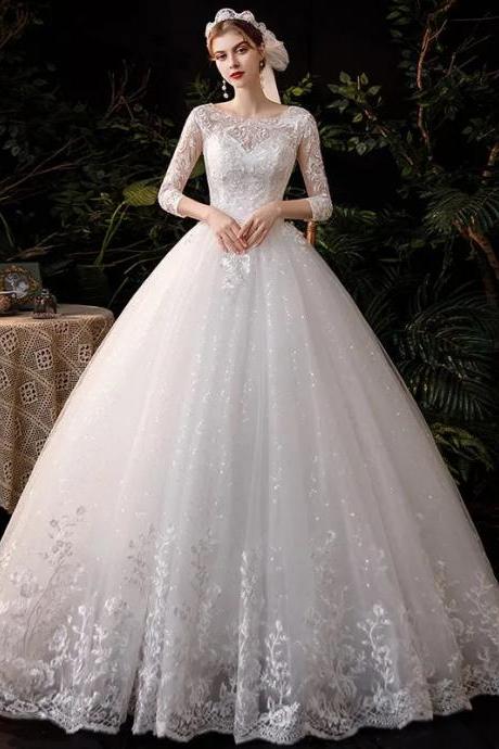 Elegant Long Sleeve Beaded Lace Ball Gown Wedding Dress
