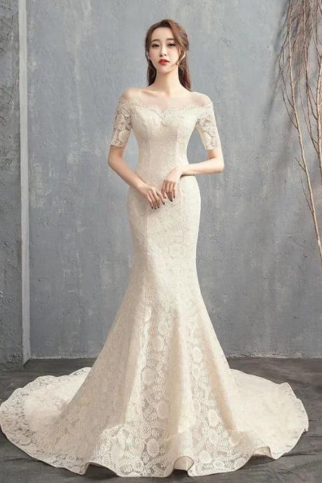 Elegant Off-shoulder Lace Mermaid Bridal Gown With Train
