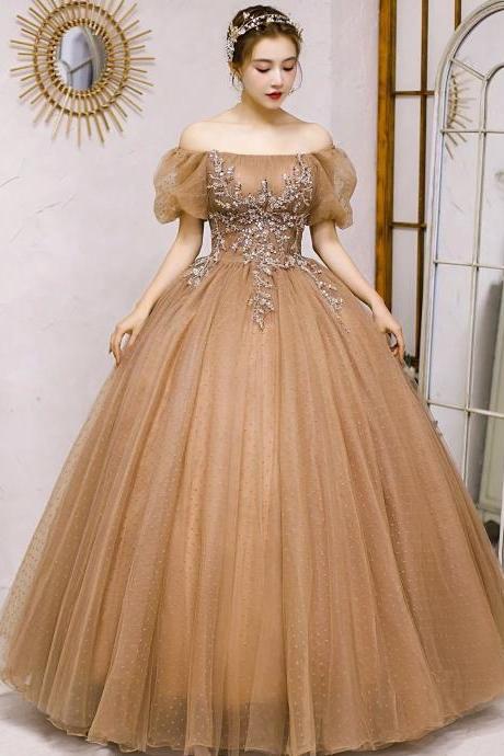 Elegant Off-shoulder Tulle Ball Gown With Beaded Appliques