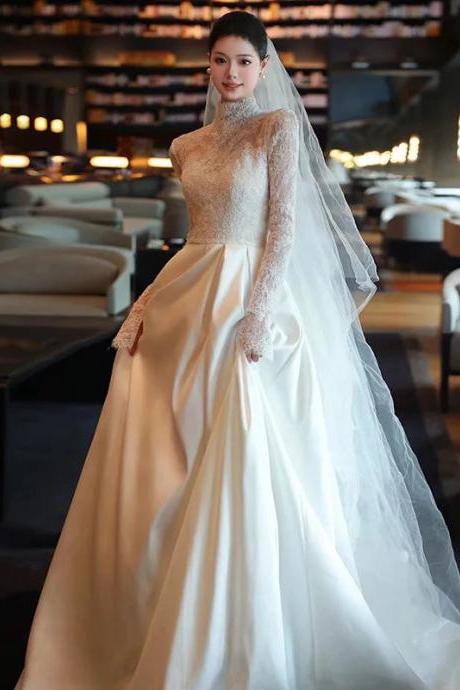 Elegant Long Sleeve Lace Top Satin Skirt Bridal Gown