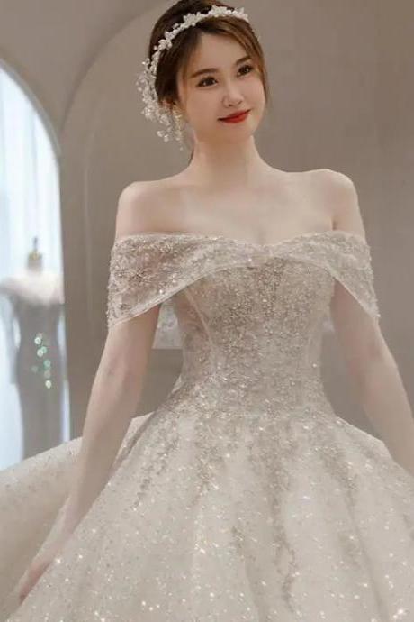 Elegant Off-shoulder Sequin Bridal Ball Gown Wedding Dress