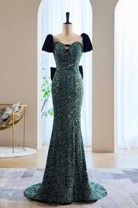 Elegant Sequined Green Mermaid Evening Gown With Sleeves