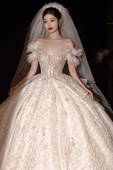 Elegant Off-shoulder Sequined Bridal Gown With Tiara