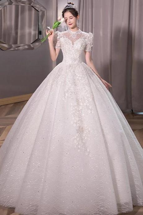 Elegant Cap Sleeve Lace Bridal Gown With Train