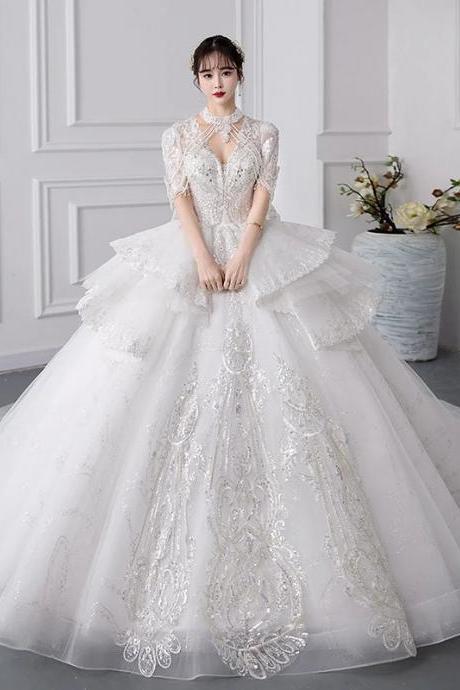Elegant Embroidered V-neck Ball Gown Wedding Dress