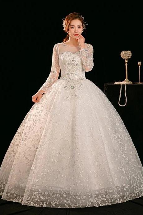 Elegant Long-sleeve Lace Embellished Bridal Ball Gown