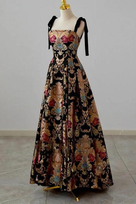 Elegant Floral Embroidered Black Tie Gala Evening Gown