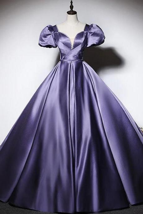 Elegant Satin Puff Sleeve Ball Gown In Purple