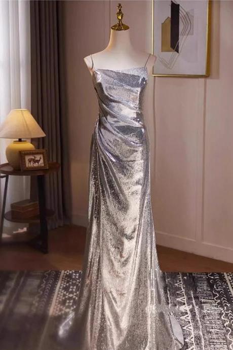 Elegant One-shoulder Silver Sequined Evening Gown Dress