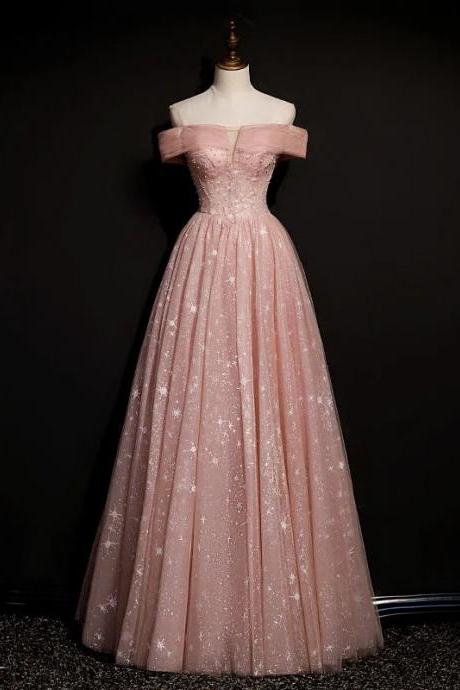 Elegant Off-shoulder Sparkly Star Tulle Evening Gown