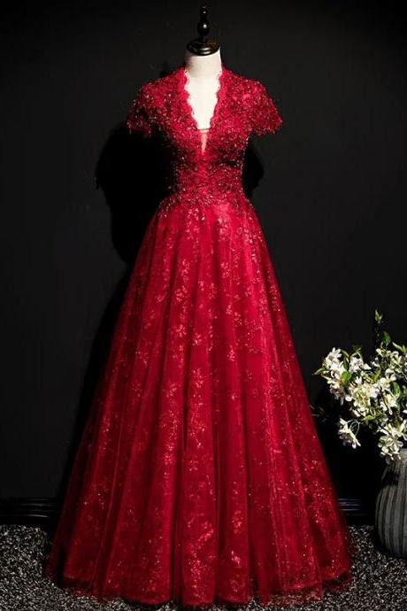 Elegant Red Lace V-neck Evening Gown With Sleeves