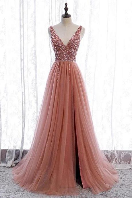 Elegant Beaded Bodice Tulle Prom Dress With V-neck