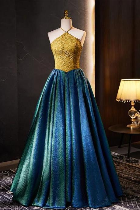 Elegant Gold Lace Top Satin Skirt Evening Gown