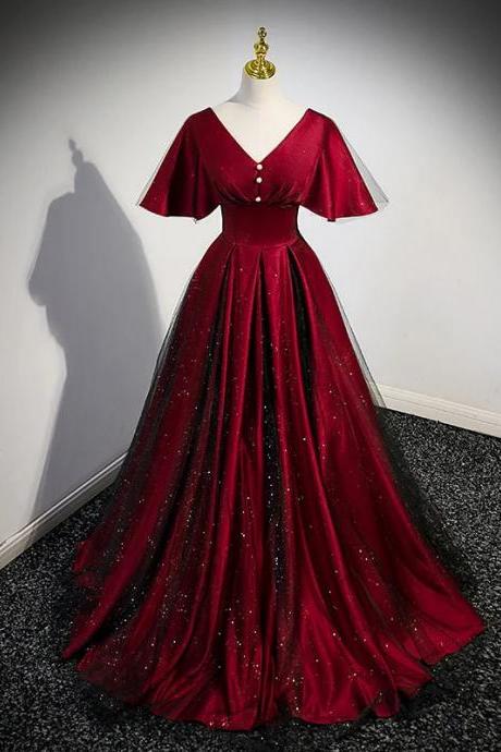 Elegant Burgundy V-neck Glitter Evening Ball Gown