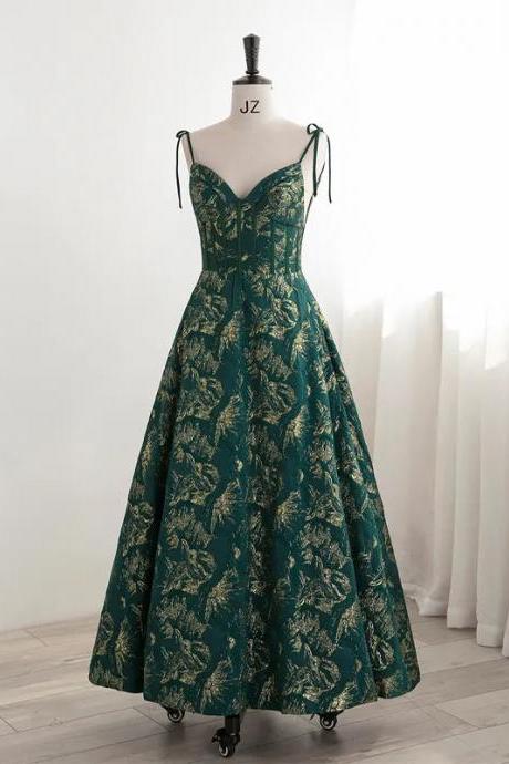 Elegant Green Leaf Print Midi A-line Dress