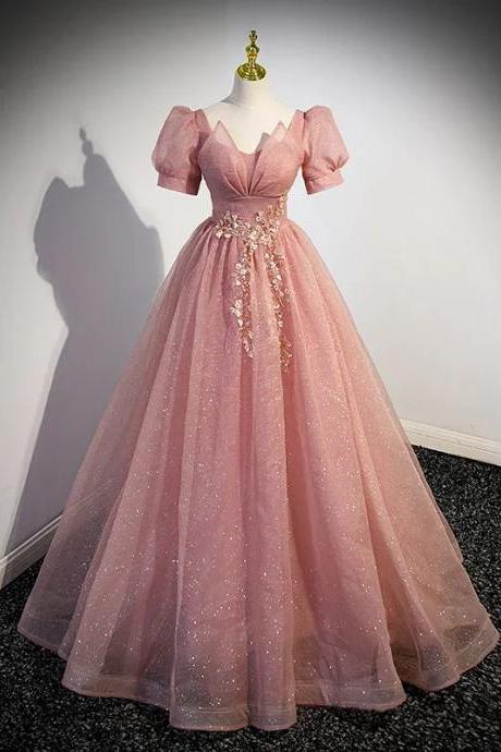 Elegant Pink Sequined V-neck Evening Ball Gown Dress