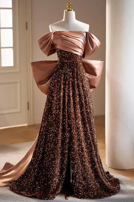 Elegant Off-shoulder Sequin Gown With Satin Bow