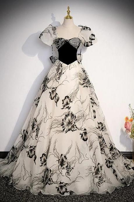Elegant Floral Print Ball Gown With Puff Sleeves